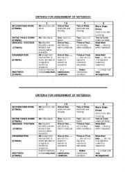 English Worksheet: CRITERIA FOR ASSESSING NOTEBOOK