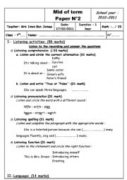 English Worksheet: mid of term paper 2 7th forms