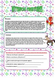 English Worksheet: Mythical Creatures Reading Comprehension