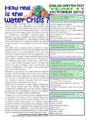 English Worksheet: 2page TEST (11 grade) WATER CRISIS (key included)