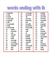 English Worksheet: List  words ending with lk