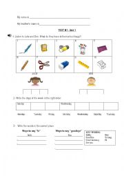 An evaluation that tests if students know instructions, days of the week, greetings and school things