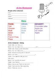English Worksheet: At the restaurant- Dialog, vocabulary and activities