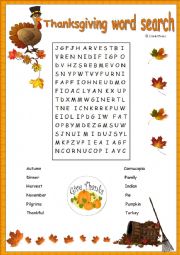 English Worksheet: Thanksgiving word search