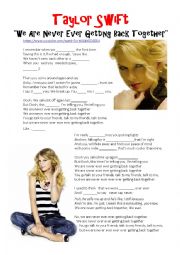 English Worksheet: Taylor Swift - We are never ever getting back together