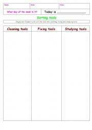 English Worksheet: Sorting tools ( fixing, cleaning, studying tools)