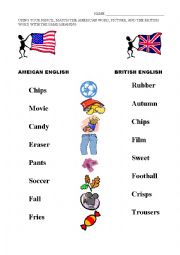Simple Matching Activity for American/British Vocabulary