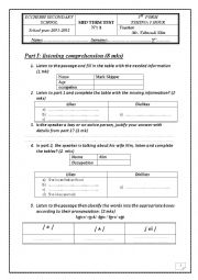 English Worksheet: mid term test 1 1st year secondary