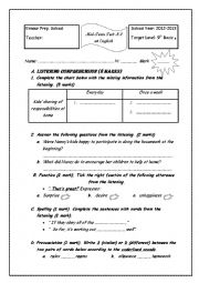 English Worksheet: mid- term test n 1 for 9 th  basic education