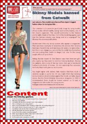 English Worksheet: Skinny models banned from catwalk (Eating disorders).  Reading