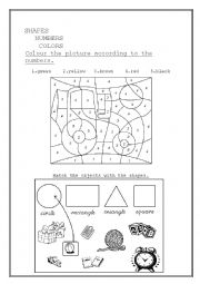 English Worksheet: Shapes- Colors - Numbers