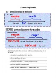 English Worksheet: Connecting Words (SO - BECAUSE)