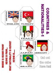 English Worksheet: COUNTRIES AND NATIONALITIES - CUBE (2 PAGES)