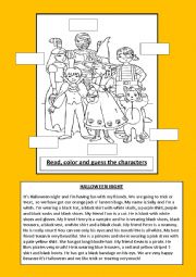 English Worksheet: halloween night; read, color and guess the names of the children