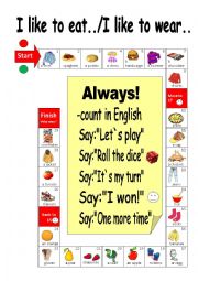 English Worksheet: boardgame food clothes