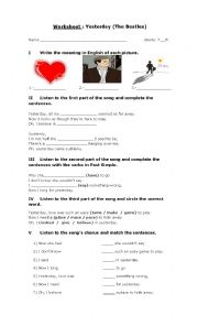 English Worksheet: Yesterday