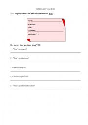 English Worksheet: Personal Information