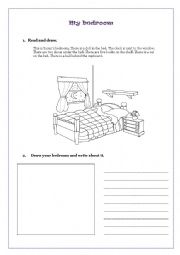 English Worksheet: My bedroom. There is/are and prepositions of place.