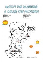 English Worksheet: Halloween colors and numbers