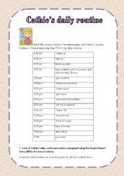 English Worksheet: Cathies Daily Routines (Simple Present and telling the time)