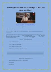 English Worksheet: How to get invoved as a teenager? Become class president!
