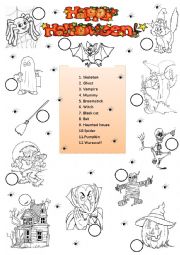 English Worksheet: Halloween - match and colour