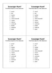 English Worksheet: First Lesson Scavenger Hunt