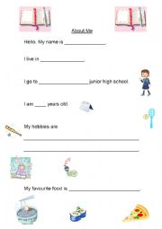 English Worksheet: Self-Introduction Fill-in-the-Blanks