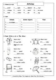 English Worksheet: Article for young learners