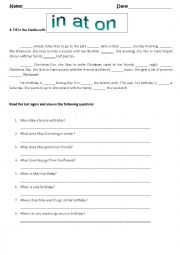 English Worksheet: in on at and reading comprehension