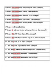English Worksheet: articles question games