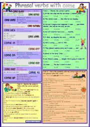 English Worksheet: Phrasal verbs with COME * with dictionary * 3 tasks * with key * fully editable *** B&W version