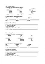 English Worksheet: Articles, plurals, prepostitons