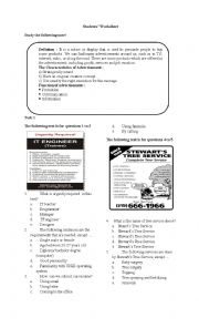 English Worksheet: READING ADVERTISEMENT