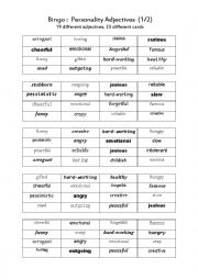 English Worksheet: Personality adjectives BINGO (1/2) 