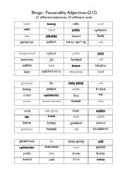 English Worksheet: Personality adjectives BINGO (2/2)