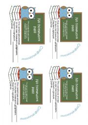 English Worksheet: No homework pass - reward cards for students