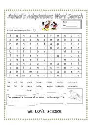 animals adaptations word search