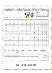 English Worksheet: animals adaptations word search