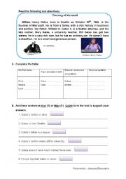 English Worksheet: Reading task on Bill Gates