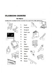 English Worksheet: clasroom objects