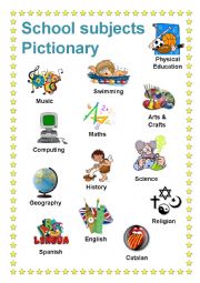 English Worksheet: School subjects pictionary