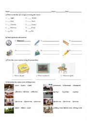 English Worksheet: Classroom Objects and Rooms of the House Test