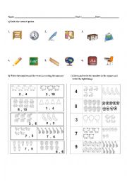English Worksheet: Classroom Objects and Numbers Test