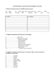 English Worksheet: Countable and uncountable nouns