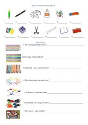 English Worksheet: School Objects/ How many?