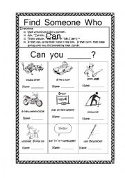 English Worksheet: Find Someone Who Can . . . 