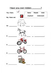 English Worksheet: Have you ever ridden...............?