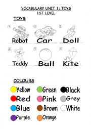English Worksheet: My toys and colours