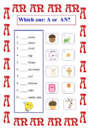 English Worksheet: Which one: A or AN?